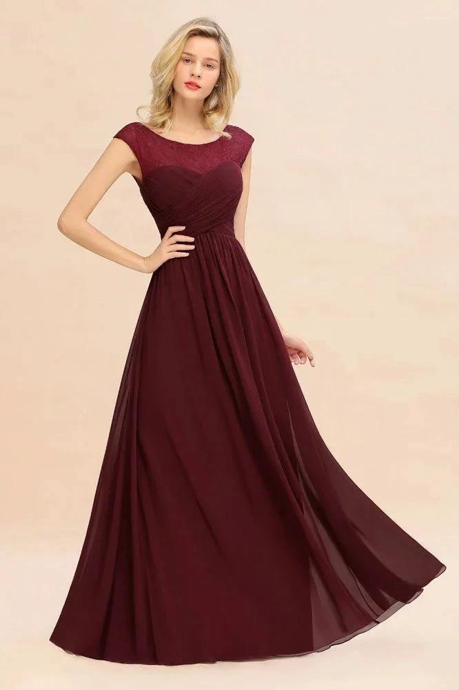 Cap Sleeve Burgundy Evening Maxi Gown Chiffon Floor Length Bridesmaid Dress
