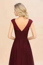 Cap Sleeve Burgundy Evening Maxi Gown Chiffon Floor Length Bridesmaid Dress
