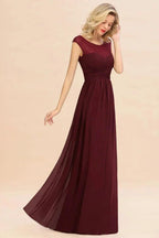 Cap Sleeve Burgundy Evening Maxi Gown Chiffon Floor Length Bridesmaid Dress