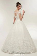 Cap Sleeves A-line Scoop Floor Length Lace Appliques Wedding Dresses