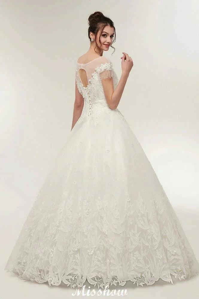Cap Sleeves A-line Scoop Floor Length Lace Appliques Wedding Dresses