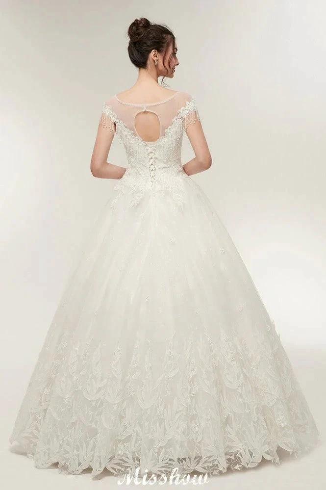 Cap Sleeves A-line Scoop Floor Length Lace Appliques Wedding Dresses