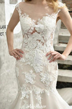 Cap Sleeves Lace Mermaid Wedding Dress White/Ivory Floral Garden Bridal Gown
