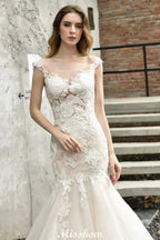 Cap Sleeves Lace Mermaid Wedding Dress White/Ivory Floral Garden Bridal Gown
