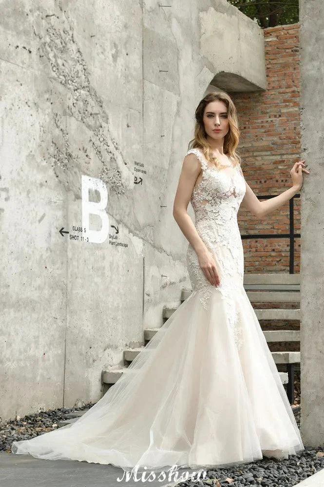 Cap Sleeves Lace Mermaid Wedding Dress White/Ivory Floral Garden Bridal Gown