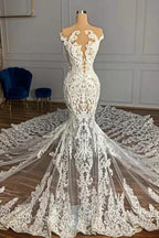 Luxury Mermaid Jewel Neck Tulle Long Beading Wedding Dress with Appliques Lace