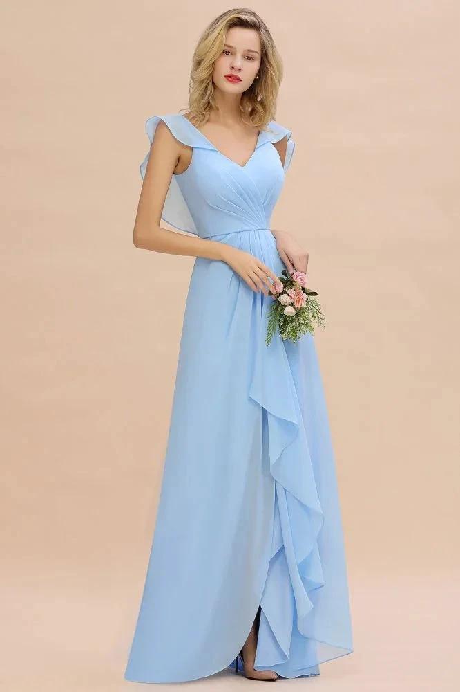 Cap Sleeves Ruffle Chiffon Hi-Lo Bridesmaid Dress A-line Wedding Party Dress