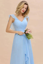 Cap Sleeves Ruffle Chiffon Hi-Lo Bridesmaid Dress A-line Wedding Party Dress