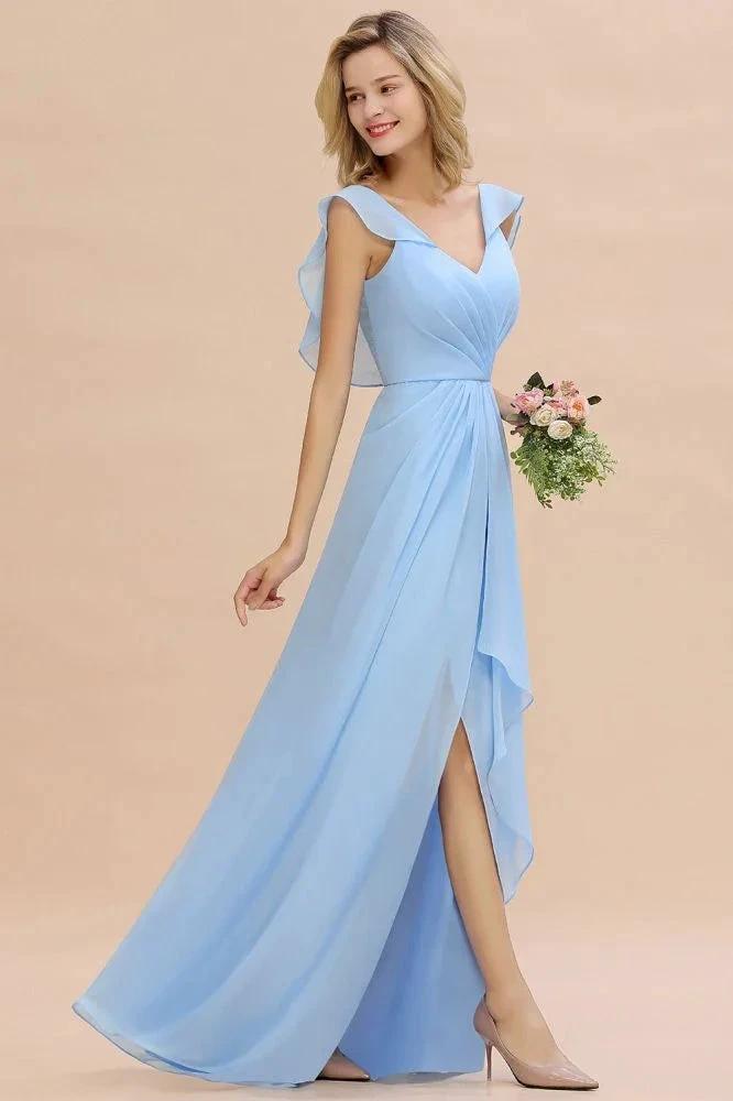 Cap Sleeves Ruffle Chiffon Hi-Lo Bridesmaid Dress A-line Wedding Party Dress