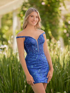 Sheath Sequins Off the Shoulder Short Lace Homecoming Dress