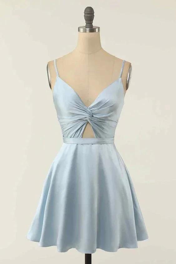 A-line V Neck Twist Knot Cut-Out Pleated Mini Homecoming Dress Y1866