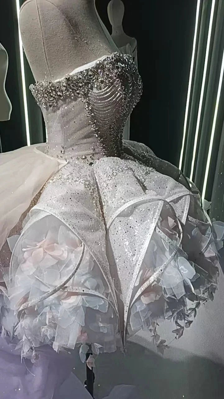 Starry veil feather crystal embellished flower bud dress