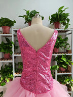 Cute V Neck Pink Short Homecoming Dress and Bottom Tulle Ruffles Pink Birthday Outfit Dress F1069