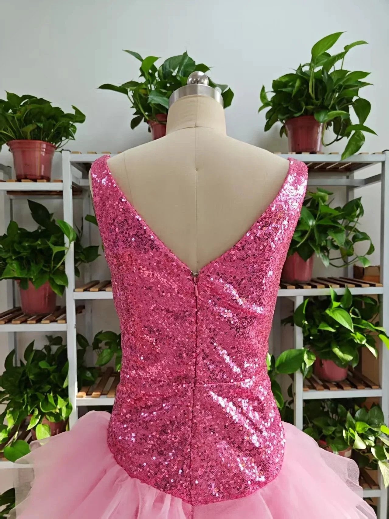 Cute V Neck Pink Short Homecoming Dress and Bottom Tulle Ruffles Pink Birthday Outfit Dress F1069