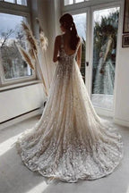 Champagne A-line Floor Length Straps V-neck Wedding Dress