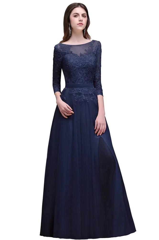 Champagne Scoop A-line Lace Appliques Prom Dress