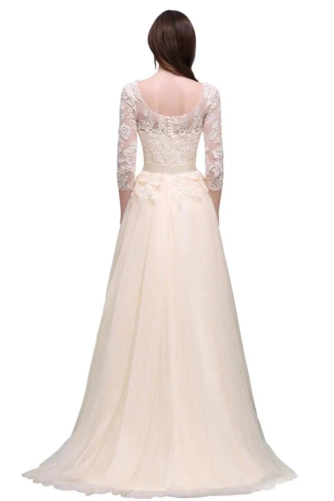 Champagne Scoop A-line Lace Appliques Prom Dress