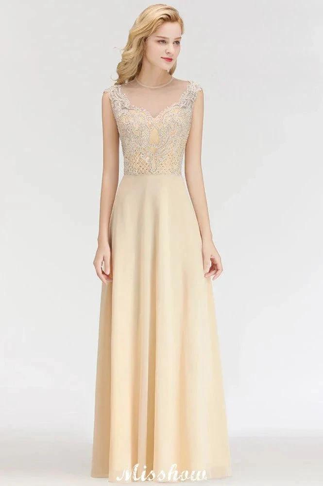 Champagne Sleeveless A-Line Crystal Jewel Bridesmaid Dresses Floor Length Party Dress