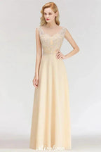 Champagne Sleeveless A-Line Crystal Jewel Bridesmaid Dresses Floor Length Party Dress
