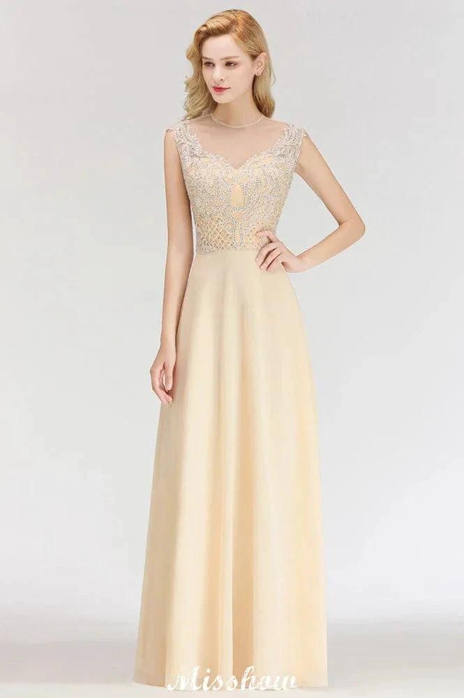 Champagne Sleeveless A-Line Crystal Jewel Bridesmaid Dresses Floor Length Party Dress