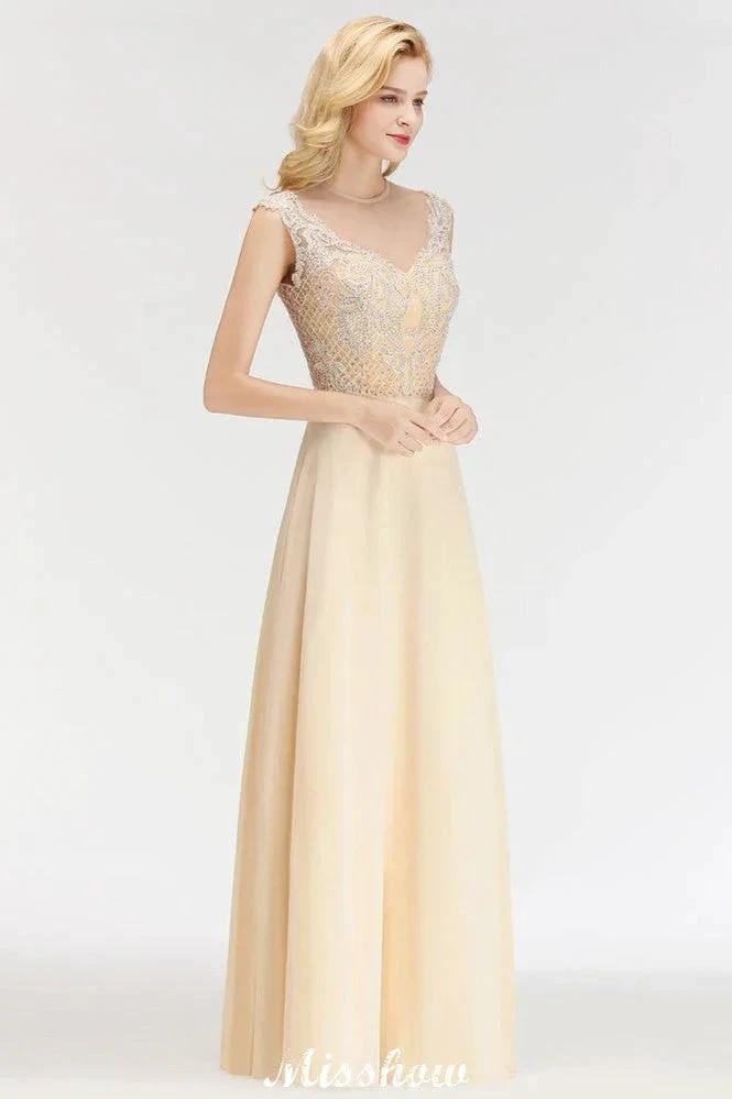 Champagne Sleeveless A-Line Crystal Jewel Bridesmaid Dresses Floor Length Party Dress
