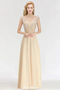 Champagne Sleeveless A-Line Crystal Jewel Bridesmaid Dresses Floor Length Party Dress