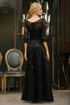 Charming Black Half Sleeves Tulle Sequins Evening Dress 20s Aline Prom Dress