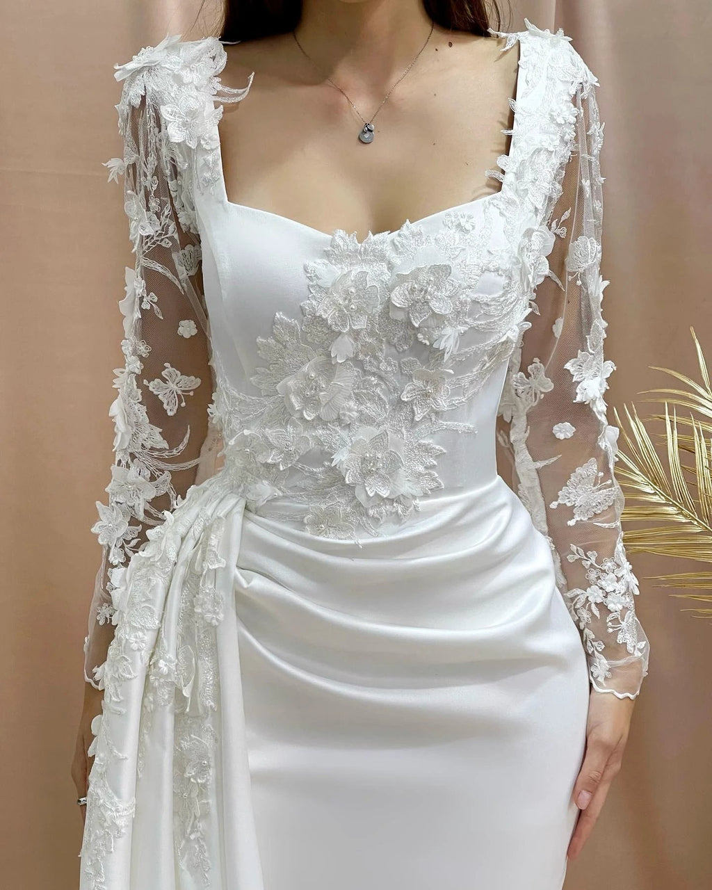 Charming Column Off-the-shoulder Long Sleeve Appliques Satin Lace Wedding Dresses