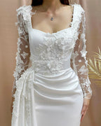 Charming Column Off-the-shoulder Long Sleeve Appliques Satin Lace Wedding Dresses