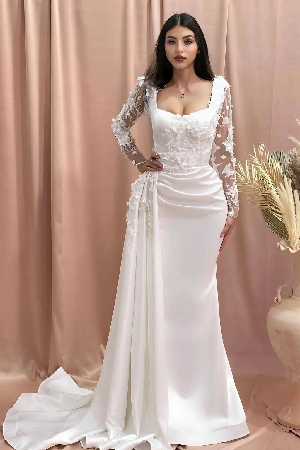 Charming Column Off-the-shoulder Long Sleeve Appliques Satin Lace Wedding Dresses