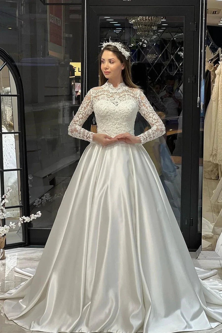 Charming Floor Length Crew Long Sleeves A-Line Satin Wedding Dress with Ruffles