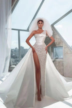 Charming Floor Length Sleeveless One-Shoulder Mermaid Wedding Dress with Split