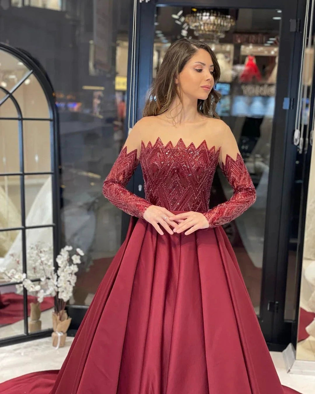 Charming Floor Length Strapless Long Sleeves A-Line Satin Wedding Dress with Ruffles