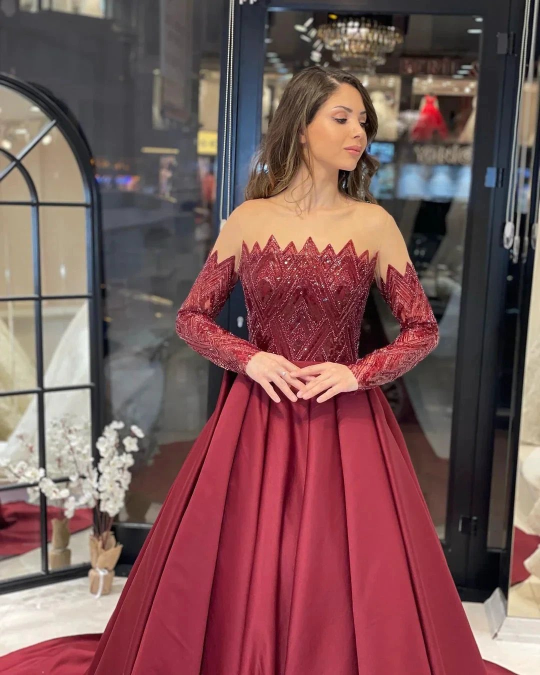 Charming Floor Length Strapless Long Sleeves A-Line Satin Wedding Dress with Ruffles