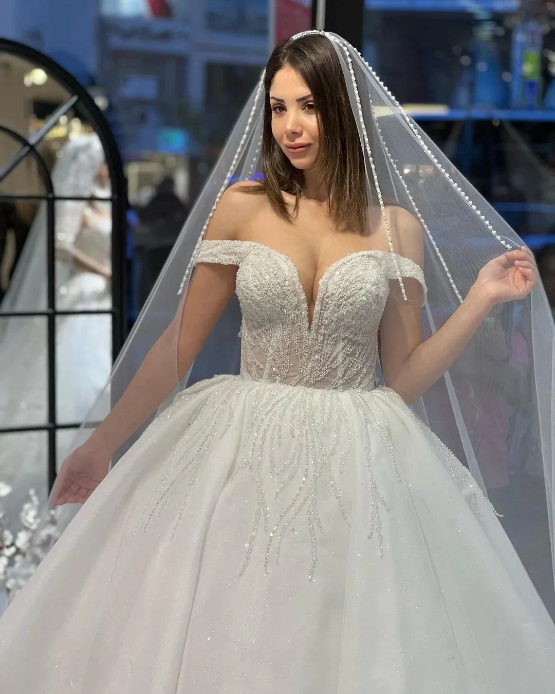 Charming Floor Length Sweetheart Off-The-Shoulder A-Line Lace Wedding Dress with Sequins