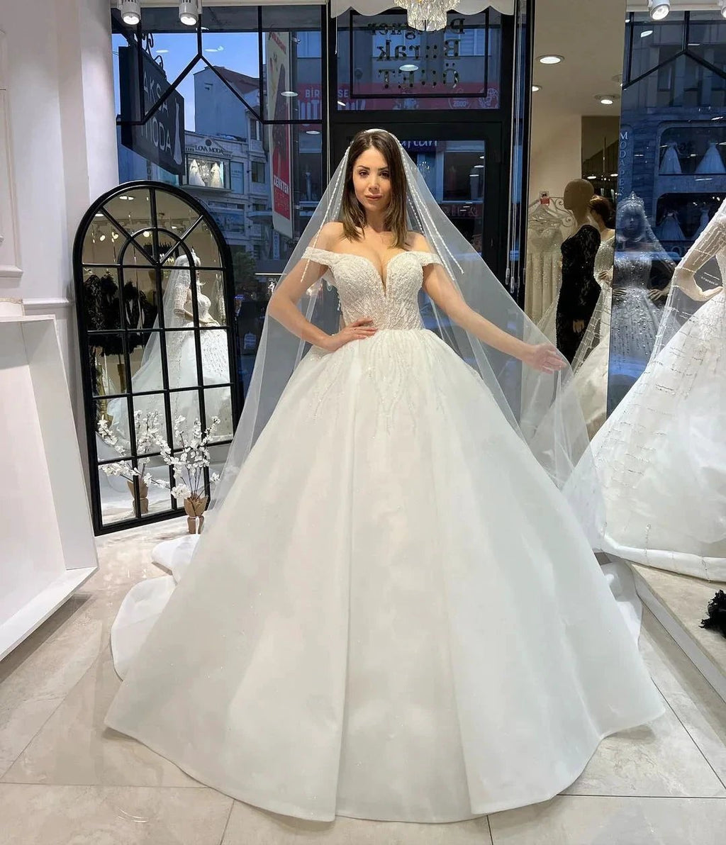 Charming Floor Length Sweetheart Off-The-Shoulder A-Line Lace Wedding Dress with Sequins