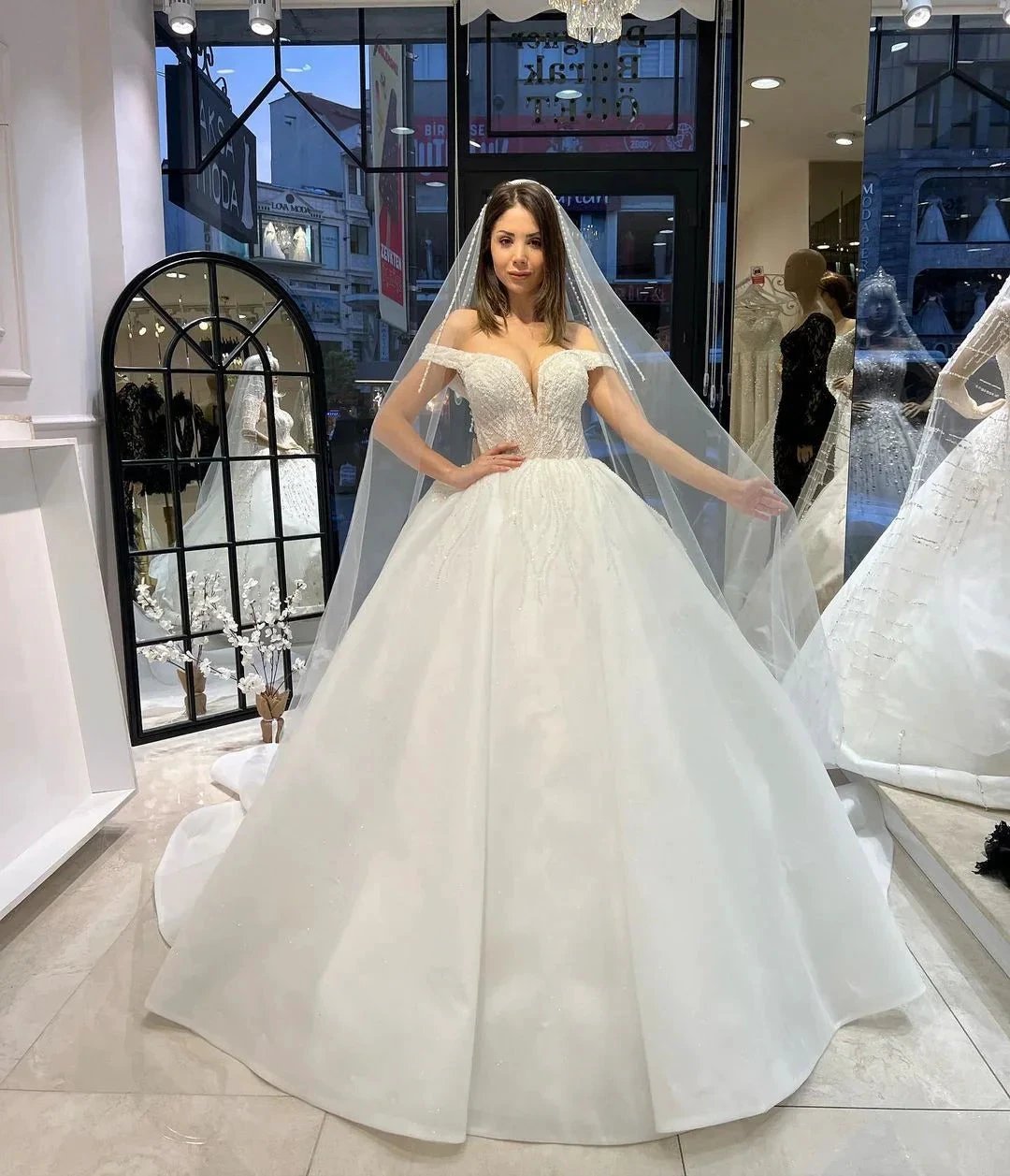 Charming Floor Length Sweetheart Off-The-Shoulder A-Line Lace Wedding Dress with Sequins
