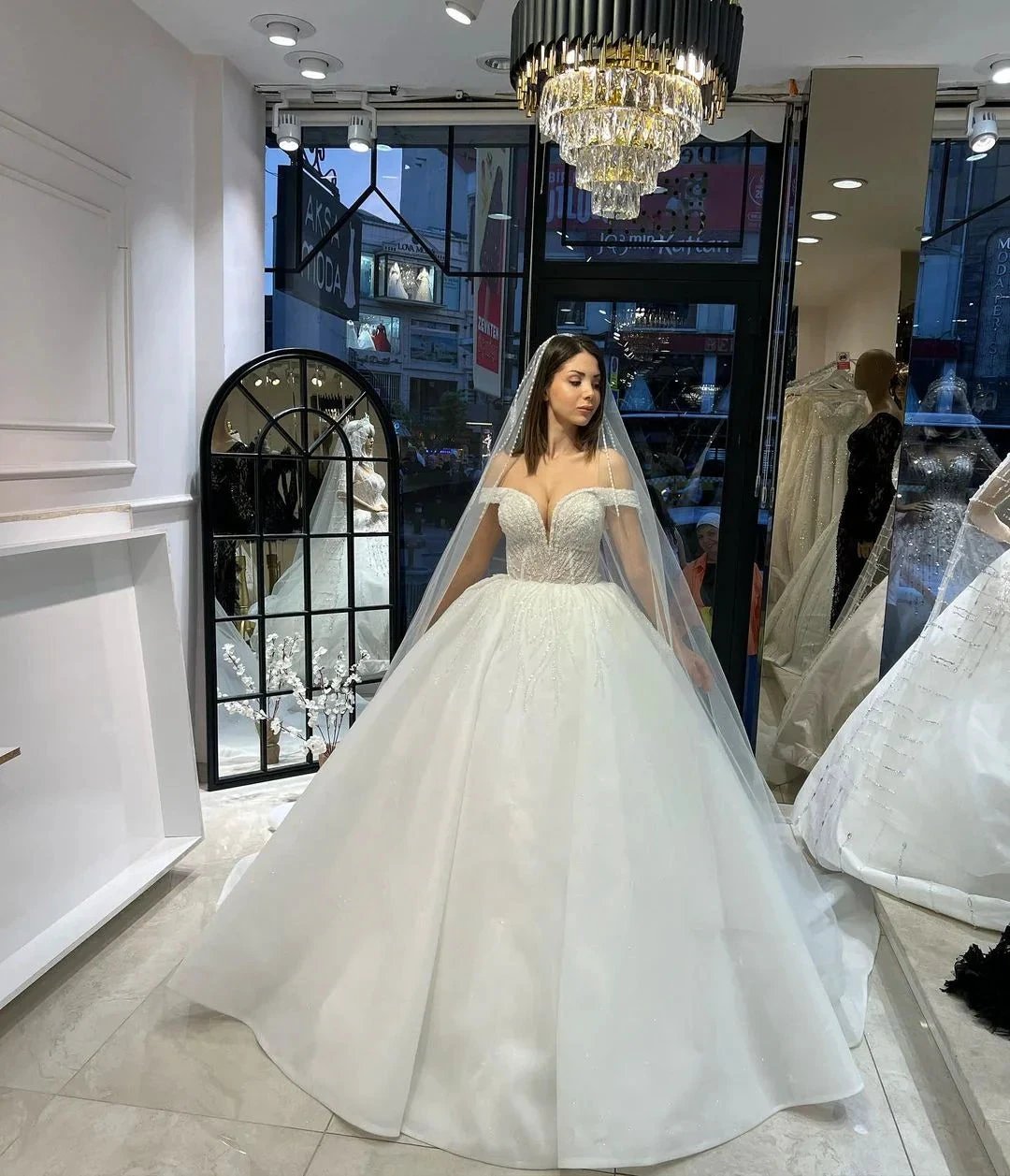 Charming Floor Length Sweetheart Off-The-Shoulder A-Line Lace Wedding Dress with Sequins