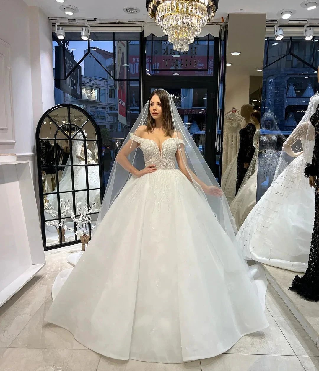 Charming Floor Length Sweetheart Off-The-Shoulder A-Line Lace Wedding Dress with Sequins