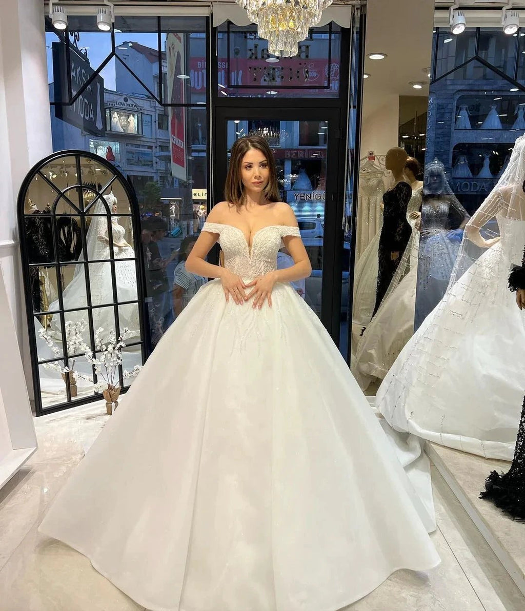 Charming Floor Length Sweetheart Off-The-Shoulder A-Line Lace Wedding Dress with Sequins