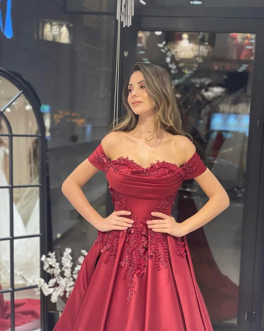Charming Floor Length Sweetheart Off-The-Shoulder A-Line Satin Wedding Dress with Appliques