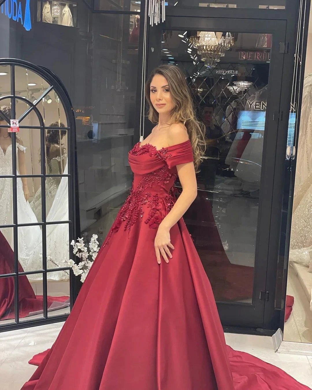 Charming Floor Length Sweetheart Off-The-Shoulder A-Line Satin Wedding Dress with Appliques