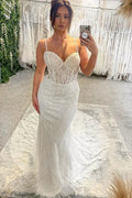 Charming Floor Length Sweetheart Sleeveless Spaghetti Straps Mermaid Wedding Dress with Chapel Train