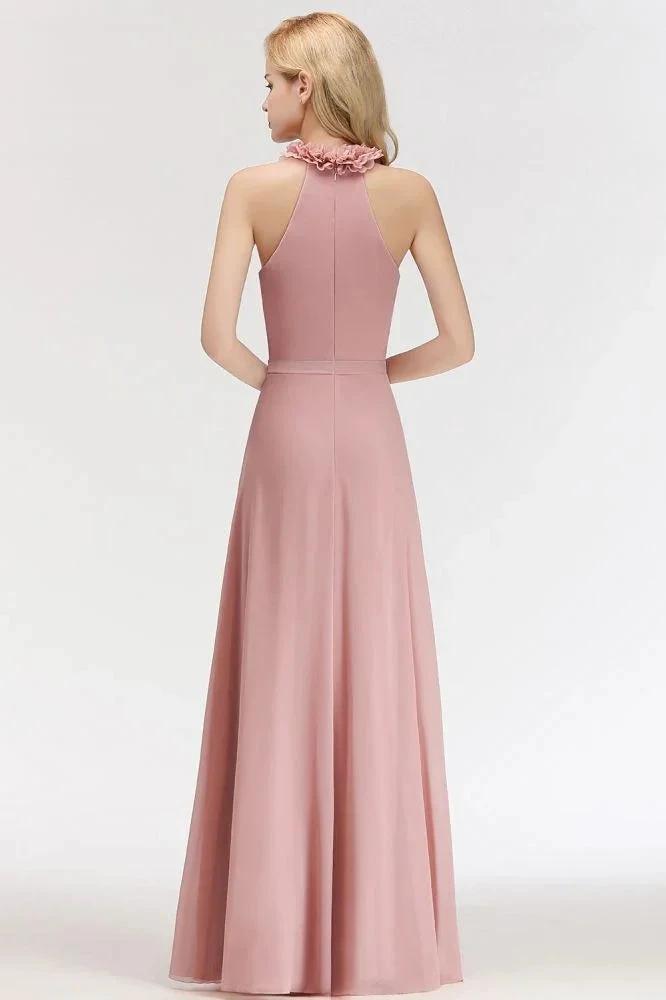 Charming Halter Sleeveless Ruffled Chiffon Bridesmaid Dresses Aline Evening Maxi Gown