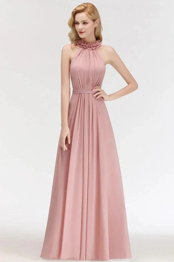 Charming Halter Sleeveless Ruffled Chiffon Bridesmaid Dresses Aline Evening Maxi Gown