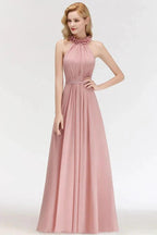 Charming Halter Sleeveless Ruffled Chiffon Bridesmaid Dresses Aline Evening Maxi Gown