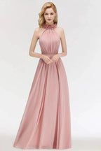 Charming Halter Sleeveless Ruffled Chiffon Bridesmaid Dresses Aline Evening Maxi Gown