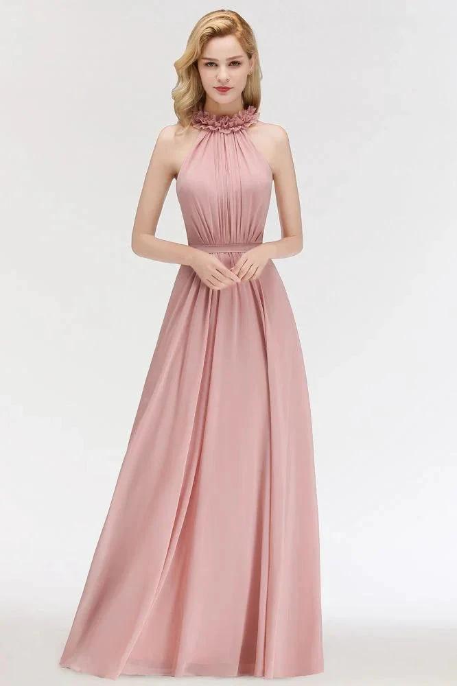 Charming Halter Sleeveless Ruffled Chiffon Bridesmaid Dresses Aline Evening Maxi Gown