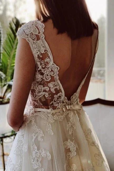 Charming Ivory A-Line Floor Length V-Neck Garden Lace Wedding Dress