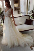 Charming Ivory A-Line Floor Length V-Neck Garden Lace Wedding Dress